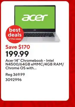 Staples Acer 14 Chromebook - Intel N4500/64GB eMMC/4GB RAM/Chrome OS with 3 months of Gemini Advanced offer