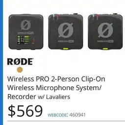 Vistek RODE Wireless PRO 2-Person Clip-On Wireless Microphone System/Recorder w/Lavaliers offer