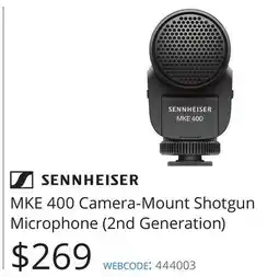 Vistek SENNHEISER MKE 400 Camera-Mount Shotgun Microphone (2nd Generation) offer