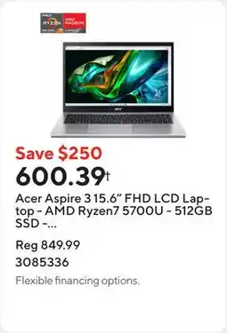 Staples Acer Aspire 3 15.6 FHD LCD Laptop - AMD Ryzen7 5700U - 512GB SSD - 16GB RAM - Windows 11 - Silver offer