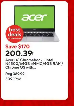 Staples Acer 14 Chromebook - Intel N4500/64GB eMMC/4GB RAM/Chrome OS with 3 months of Gemini Advanced offer