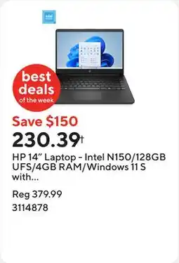 Staples HP 14 Laptop - Intel N150/128GB UFS/4GB RAM/Windows 11 S with 1-year of Microsoft 365 offer