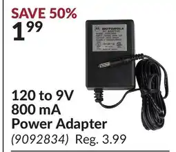 Princess Auto 120 to 9V 800 mA Power Adapter offer