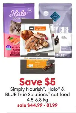 Petsmart Save $5 Simply Nourish , Halo & BLUE True Solutions cat food offer
