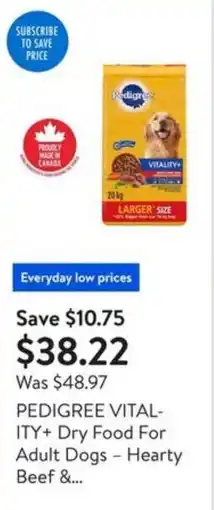 Walmart Pedigree vitality+ dry food for adult dogs hearty beef &... offer