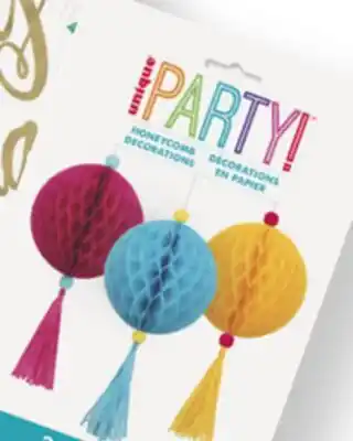 Party City Pink, Yellow & Blue Tassel Ball Ornaments offer