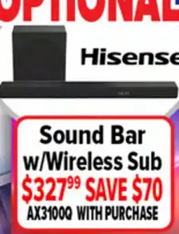 2001 Audio Video AX3100Q Hisense Sound Bar w/Wireless Sub offer