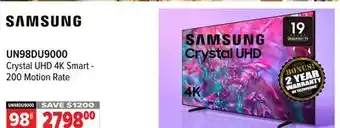 2001 Audio Video UN98DU9000 SAMSUNG 98 Crystal UHD 4K Smart - 200 Motion Rate offer