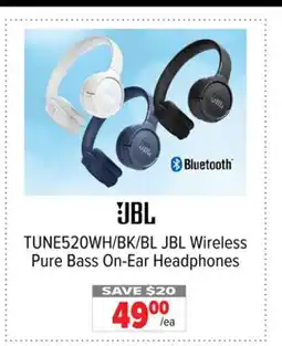 2001 Audio Video TUNE520WH/BK/BL JBL Wireless Pure Bass On-Ear Headphones offer