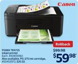 Walmart Canon pixma TR4725 inkjet printer offer