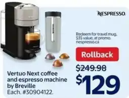 Walmart Nespresso vertuo next coffee and espresso machine by breville offer