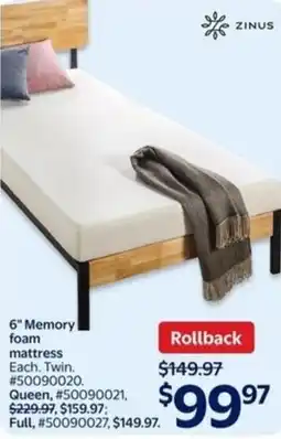 Walmart Zinus 6" memory foam mattress offer