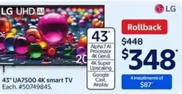 Walmart LG 43" UA7500 4K Smart TV offer