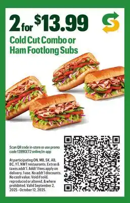 Subway Cold Cut Combo or Ham Footlong Subs offer