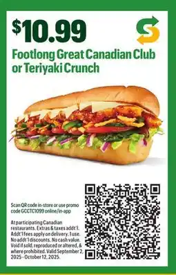 Subway Footlong Great Canadian Club or Teriyaki Crunch offer