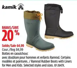 Canadian Tire Kamik Ramrod Rubber Boots with Liners for Men and Kids offer
