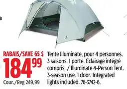Canadian Tire Woods illuminate 4-Person Tent. 3-season use. 1 door. Integrated lights included offer