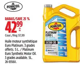 Canadian Tire Pennzoil Platinum Euro Synthetic Motor Oil offer
