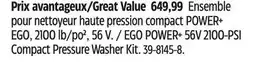 Canadian Tire EGO POWER+ 56V 2100-PSI Compact Pressure Washer Ki offer
