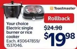 Walmart Toastmaster your choice electric single burner or rice cooker offer