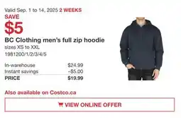 Costco BC Clothing men's full zip hoodie offer