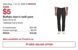 Costco Buffalo men's twill pant offer