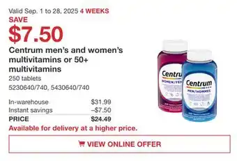 Costco Centrum men's and women's multivitamins or 50+ multivitamins offer