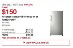 Costco Hisense convertible freezer or refrigerator offer