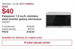 Costco Panasonic 1.3 cu.ft stainless steel inverter genius microwave offer