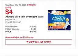 Costco Always ultra thin overnight pads offer
