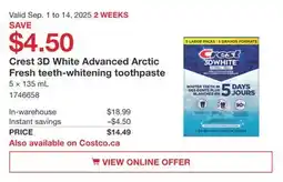 Costco Crest 3D White Advanced Arctic Fresh teeth-whitening toothpaste offer