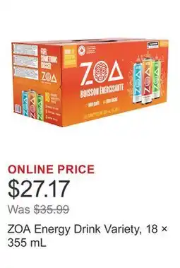Costco ZOA Energy Drink Variety, 18 × 355 mL offer