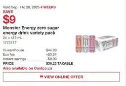 Costco Monster Energy zero sugar energy drink variety pack offer