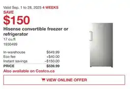 Costco Hisense convertible freezer or refrigerator offer