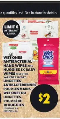 Independent Grocer WET ONES ANTIBACTERIAL HAND WIPES, 20'S HUGGIES 1X BABY WIPES, 56/64'S offer