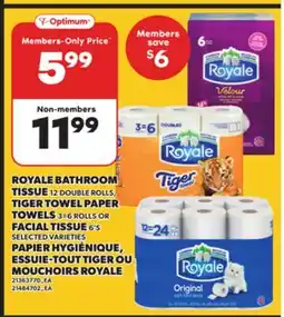 Independent Grocer ROYALE BATHROOM TISSUE 12 DOUBLE ROLLS, TIGER TOWEL PAPER TOWELS 3=6 ROLLS OR FACIAL TISSUE 6's offer