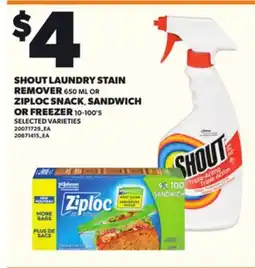 Loblaws SHOUT LAUNDRY STAIN REMOVER, 650 ML OR ZIPLOC SNACK, SANDWICH OR FREEZER, 10-100'S offer