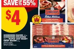 No Frills SCHNEIDERS BACON, 375 g, SCHNEIDERS BOLOGNA, 500 g or MAPLE LEAF READY CRISP BACON, 65 g offer