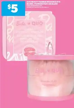 Real Canadian Superstore QUO BEAUTY BARBIE REUSABLE EYE MASKS, POWDER PUFF OR BLUSH offer