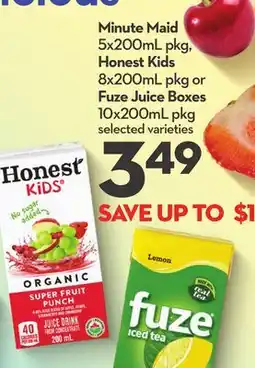 Longo's Minute Maid 5x200mL pkg, Honest Kids 8x200mL pkg or Fuze Juice Boxes 10x200mL pkg offer