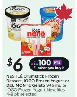 Sobeys NESTLÉ Drumstick Frozen Dessert, IÖGO Frozen Yogurt or DEL MONTE Gelato offer