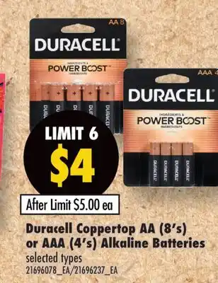 Fortinos DURACELL COPPERTOP AA (8'S) OR AAA (4'S) ALKALINE BATTERIES offer
