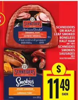 Food Basics SCHNEIDERS OR MAPLE LEAF SMOKED BONELESS HALF HAM OR SCHNEIDES SMOKIES SAUSAGES offer
