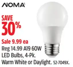Canadian Tire Noma A19 60W LED Bulbs, 4 Pk. Warm White or Daylight offer
