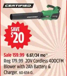 Canadian Tire 20V Cordless 400CFM Blower with 2Ah Battery & Charger offer