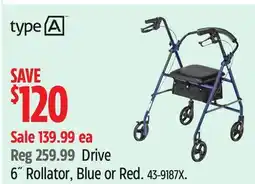 Canadian Tire type A Drive 6˝ Rollator, Blue or Red offer