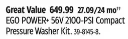 Canadian Tire EGO POWER+ 56V 2100-PSI Compact Pressure Washer Kit offer