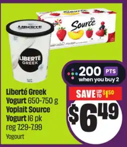 Chalo FreshCo Liberté Greek Yogurt 650-750 g Yoplait Source Yogurt 16 pk offer