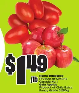 FreshCo Roma Tomatoes Product of Ontario Canada No.1 Gala Apples Product of Chile Extra Fancy Grade 3.28/kg offer