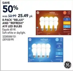 RONA GE 8-PACK RELAX AND REFRESH A19 LED BULBS offer